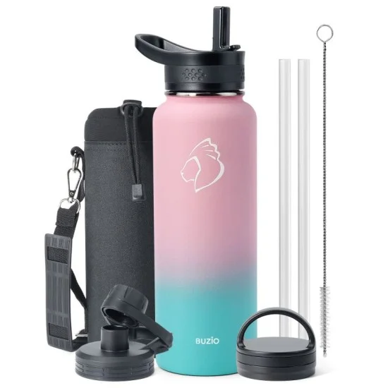 Buzio Trio Series Water Bottle with 3 Lids and Sleeve 1.2L - Bubble Gum